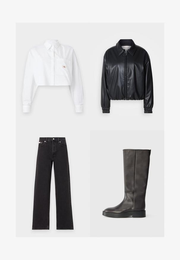 Black cropped jacket in faux leather with a zip front, pointed collar, and elastic cuffs. Features minimal branding on the chest.; Cropped white button-up shirt made of cotton. Features long sleeves, a collar, and a left chest pocket with a small logo detail.; Black wide-leg jeans made of denim, featuring a high-rise waist, five-pocket styling, and a metal button closure with contrasting stitching.; Black knee-high leather boot with thick sole and subtle Calvin Klein logo near the top edge, shown from the side.