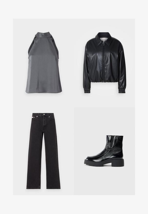 Giacca nera corta in ecopelle con zip frontale, colletto a punta e polsini elastici. Presenta una grafica minimalista sul petto.; Top senza maniche di colore grigio scuro con texture, con un collo alto e dettagli con aperture sui lati, disteso su uno sfondo bianco.; Jeans neri a gamba larga in denim, con vita alta, styling a cinque tasche e chiusura con bottone metallico e cuciture a contrasto.; Stivali neri alla caviglia con una finitura in pelle laccata lucida, suola in gomma nera spessa e tacco rialzato; include un discreto dettaglio del logo sul lato.