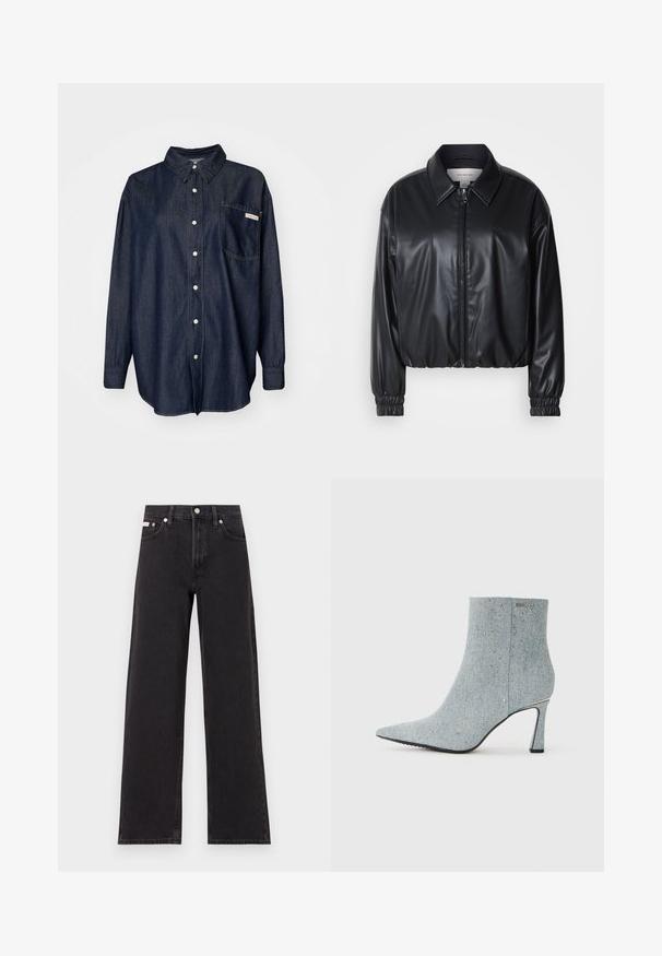 Melna, īsā jaka no mākslīgās ādas ar zipa priekšpusi, norādītām apkaklēm un elastīgām aprocēm. Uz krūtīm ir minimāla zīmola identifikācija.; Tumša džinsa pogājamā krekla forma ar apkakli, garām piedurknēm, vienu krūšu kabatu un baltām šuvju detaļām.; Melni platmalu džinsi, kas izgatavoti no denima, ar augstu vidukli, piecu kabatu dizainu un metāla pogas aizdari ar kontrastējošu šuvumu.; Jeanību potīšu zābaki ar norādītu purngalu, gaiši zila krāsa un dekorēti ar maziem sudrabainiem kniedēm. Iekļauj stiletto papēdi un teksturētu audumu.