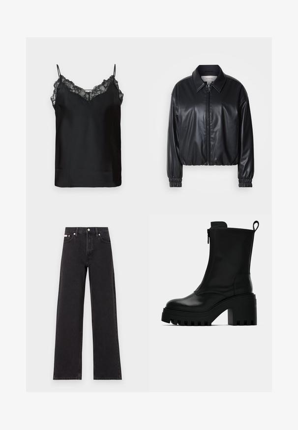 Crna skraćena jakna od umjetne kože s prednjim patentnim zatvaračem, oštrim ovratnikom i elastičnim manžetama. Ima minimalno brendiranje na prsima.; Crna majica bez rukava s tankim podesivim naramenicama, čipkastim rubom duž izreza i glatkom satenskom teksturom. Jednostavan i elegantan dizajn.; Crne široke traperice od denima, s visokim strukom, pet džepova i metalnim zatvaranjem s kontrastnim šavovima.; Crne kožne gležnjače s krupnim potplatom, blok-petom, bočnim zatvaračem i trakicom za povlačenje na stražnjoj strani, na jednostavnoj bijeloj pozadini.