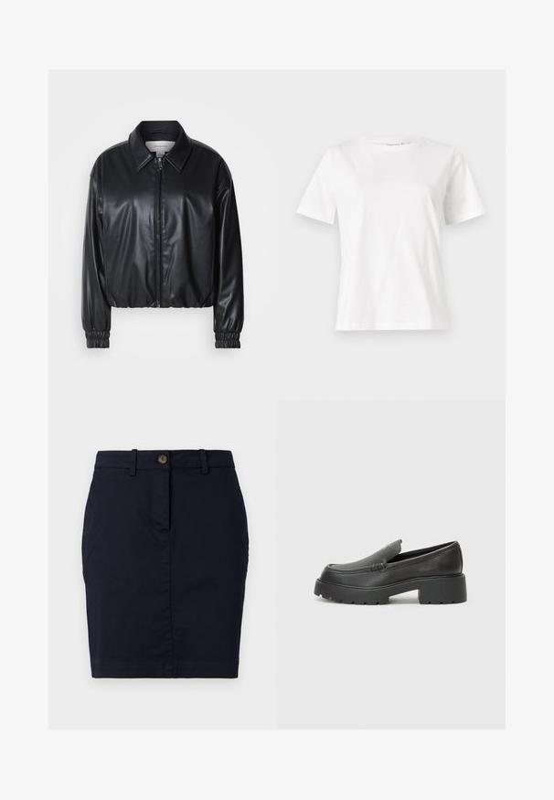 Čierna skrátená bunda z umielej kože s predným zipsom, špicatým golierom a elastickými manžetami. Obsahuje minimálne logo na hrudi.; Biela bavlnená tričko s krátkymi rukávmi, okrúhlym výstrihom a voľným strihom. Hladká textúra, bez vzorov alebo akcentov, minimalistický dizajn.; Námořnická modrá bavlněná sukně se slim fit střihem, s knoflíkovým zapínáním, poutky na pás a čistým lemem. Hladká textura bez viditelných vzorů.; Čierne kožené mokasíny s okrúhlou špičkou, hrubou textúrovanou podrážkou a minimom stehovej výzdoby. Štíhly dizajn bez viditeľných šnúr alebo kovania.