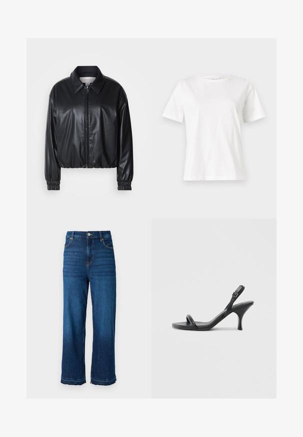 Melna, īsā jaka no mākslīgās ādas ar zipa priekšpusi, norādītām apkaklēm un elastīgām aprocēm. Uz krūtīm ir minimāla zīmola identifikācija.; Baltas kokvilnas T-krekls ar īsām piedurknēm, apaļu kakla izgriezumu un brīvu piegriezumu. Gluda tekstūra, bez rakstiem vai akcentiem, minimālistisks dizains.; Augsta jostas, plata kāju džinsi, kas izgatavoti no tumši zilā džinsa. Iespējas: piecas kabatas, pogas aizdare un neapstrādāti apakšmalu elementi.; Melnas ādas augstpapēžu sandales ar plānu, izliekta formas papēdi un krustenisku siksnu dizainu. Regulējama potītes siksna. Gluda tekstūra.