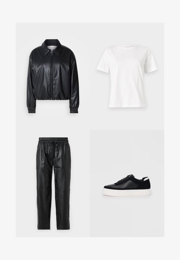 Črna krajša jakna iz umetnega usnja z zadrgo spredaj, koničastim ovratnikom in elastičnimi manšeti. Ima minimalno blagovno oznako na prsih.; Bela bombažna majica s kratkimi rokavi, okroglo izrezana in ohlapnega kroja. Gladka tekstura, brez vzorcev ali dodatkov, minimalističen dizajn.; Črne usnjene hlače z elastičnim pasom, zapiranjem na vrvico in gladko teksturo. Imajo sproščen kroj in obliko noge v taper designu.; Črne športne copate z gladko usnjeno in semišnimi paneli, ravnimi vezalkami, zaobljenim nosom in belim gumijastim podplatom. Oznaka na peti.