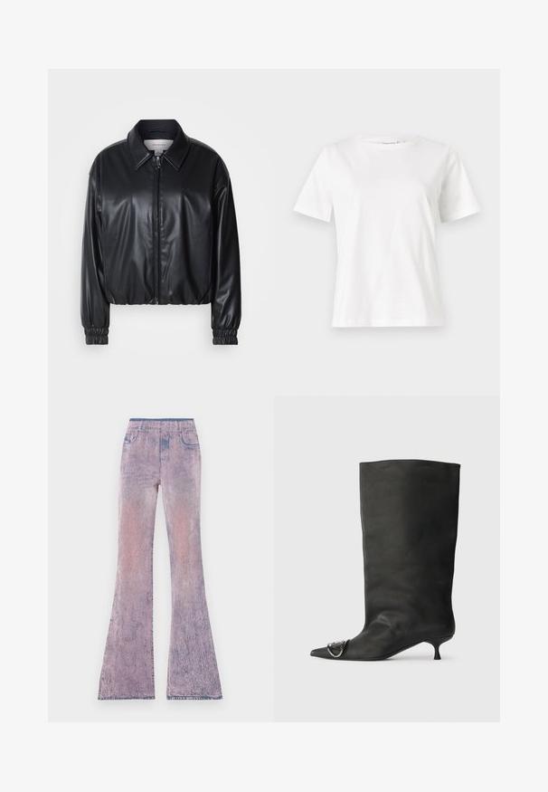 Fekete, rövidített fazonú műbőr dzseki, elöl cipzárral, hegyes gallérral és rugalmas mandzsettákkal. Minimalista logó található a mellkason.; Fehér pamut póló rövid ujjakkal, kerek nyakkivágással és laza szabással. Sima textúra, nincsenek minták vagy díszítések, minimalista dizájn.; Pasztell rózsaszín és lila színátmenetes, bokáig érő farmernadrág, elhalványult textúrával. Rugalmas derékpánttal és öt zsebes dizájnnal rendelkezik.; Fekete bőr bokacsizma hegyes orral, kis sarokkal és fémes díszítéssel az orrán. Az egész felületen sima, matt textúra.