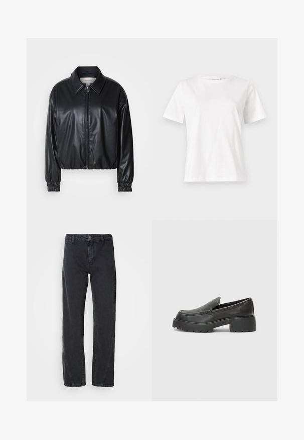 Crna skraćena jakna od umjetne kože s prednjim patentnim zatvaračem, oštrim ovratnikom i elastičnim manžetama. Ima minimalno brendiranje na prsima.; Bijela pamučna majica s kratkim rukavima, okruglim izrezom i opuštenim krojem. Glatka tekstura, bez uzoraka ili akcenata, minimalistički dizajn.; Crne traperice od denima sa ravnim krojem, s srednjim strukom, zatvaranjem na dugme i dekorativnim šavovima uz bočne šavove.; Crne kožne loaferice s zaobljenim vrhom, debelim teksturiranim potplatom i minimalnim detaljima šivanja. Elegantna izrada bez vidljivih vezica ili metalnih elemenata.