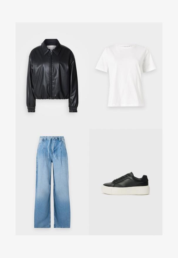 Svart cropped jakke i faux skinn med glidelås foran, spiss krage og elastiske mansjetter. Har minimal merkevareprofil på brystet.; Hvit bomull t-skjorte med korte ermer, rund hals og avslappet passform. Glatt tekstur, ingen mønstre eller detaljer, minimalistisk design.; Lyseblå denim bukser med vid ben, plisserte detaljer, elastisk livlinje og snøring. Glatt tekstur og hel lengde.; Sorte lær sneakers med rund tå, hvit plattformsåle og svarte snøring. Har en subtil logo på hælen og jevn tekstur.