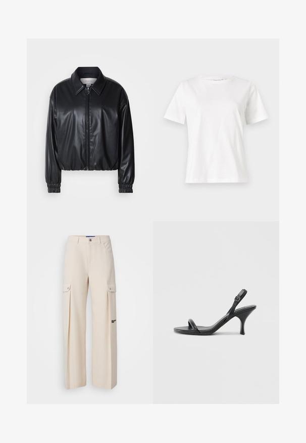 Juodas trumpas švarkas iš dirbtinės odos su užtrauktuku priekyje, smailiu apykaklės dizainu ir elastingomis rankovėmis. Švarke minimalus prekės ženklas ant krūtinės.; Balta medvilninė marškinėliai trumpomis rankovėmis, su apvalia iškirpte ir laisvu siluetu. Lygi tekstūra, be raštų ar akcentų, minimalistinis dizainas.; Karl Lagerfeld Jeans PLEATED CARGO - Kareiviško stiliaus kelnės - whitecap gray; Juodos odinės aukštakulnės šlepetės su plonu, kreiviu kulnu ir kryžminiu dirželio dizainu. Reguliuojamas kulkšnies dirželis. Lygus paviršius.