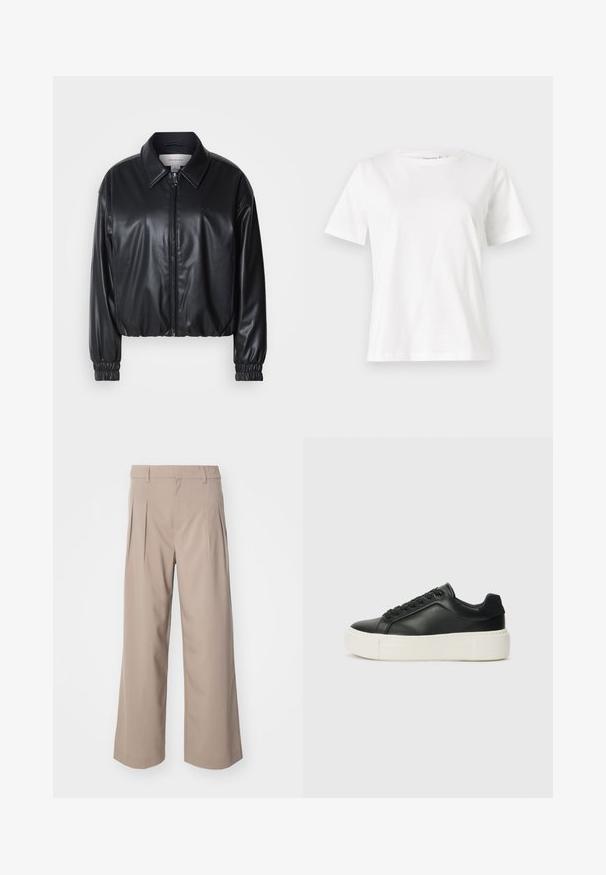 Juodas trumpas švarkas iš dirbtinės odos su užtrauktuku priekyje, smailiu apykaklės dizainu ir elastingomis rankovėmis. Švarke minimalus prekės ženklas ant krūtinės.; Balta medvilninė marškinėliai trumpomis rankovėmis, su apvalia iškirpte ir laisvu siluetu. Lygi tekstūra, be raštų ar akcentų, minimalistinis dizainas.; Smėlio spalvos platus kelnių modelis su klostėmis, pagamintas iš lygaus audinio. Turi vidutinio aukščio liemeni ir švarų, pritaikytą siluetą.; Juodas odinis sportbačių modelis su apvaliu priekiu, baltu platformos padu ir juodais raišteliais. Yra subtilus logotipas ant kulno ir glotni tekstūra.