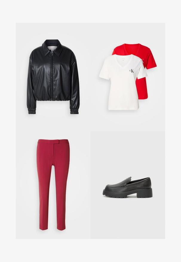 Sort cropped jakke i faux læder med lynlås foran, spidse kraver og elastiske håndled. Minimal brandings på brystet.; To v-hals t-shirts: en hvid med et lille sort logo og en rød. Begge er lavet af bomuld og har korte ærmer.; Røde skræddersyede bukser med en glat tekstur, smal pasform og flad front. Designet med en smal talje og uden synlige lommer.; Sorte læder loafers med rund tå, tyk tekstureret sål og minimale syninger. Elegant design uden synlige snørebånd eller hardware.