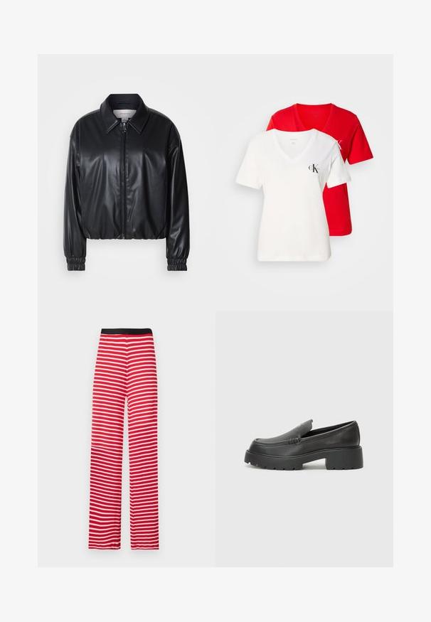 Black cropped jacket in faux leather with a zip front, pointed collar, and elastic cuffs. Features minimal branding on the chest.; Two v-neck t-shirts: one white with a small black logo and one red. Both are made of cotton and have short sleeves.; Red and white striped wide-leg pants with a black elastic waistband, made of soft fabric, featuring even horizontal stripes.; Black leather loafers with a rounded toe, thick textured sole, and minimal stitching details. Sleek design with no visible laces or hardware.