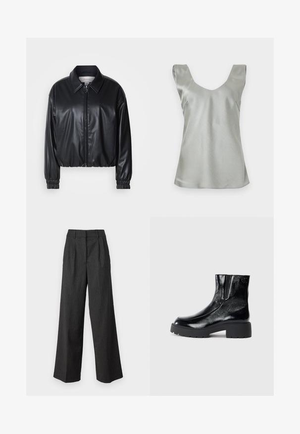 Zwarte cropped jacket van faux leer met een ritssluiting aan de voorkant, puntige kraag en elastische manchetten. Bevat minimale branding op de borst.; Zilveren satijnen mouwloze top met een brede V-hals en een licht uitlopende zoom. Gladde textuur met minimale naden en een schoon ontwerp.; Hoge taille, wijde pijpen broek in donkergrijs met fijne verticale strepen. Heeft een getailleerde uitstraling en een zachte textuur. Geplooide voorkant.; Zwarte enkellaarsjes met een glanzende lakleren afwerking, chunky zwarte rubberen zool en verhoogde hak; inclusief subtiele logo-detail aan de zijkant.