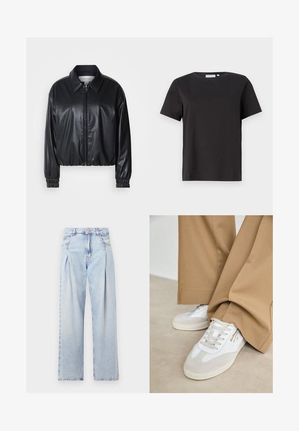 Musta lyhyt nahkatakki, jossa on vetoketjukiinnitys, terävä kaulus ja joustavat hihansuut. Rinnassa on minimaalinen brändäys.; Musta puuvillapaita lyhyillä hihoilla, pyöreällä kaula-aukolla ja yksinkertaisella, siistillä muotoilulla. Ei näkyviä kuvioita tai koristeluja.; Vaaleansiniset farkut, joissa on korkea vyötärö, leveälahkeinen leikkaus, kaksi sivutaskua ja pleatattu muotoilu. Pehmeä rakenne, jossa on haalistunut viimeistely.; Valkoiset urheilukengät, joissa on mokka-akcentteja, teksturoitu nauha ja kumipohja. Yhdistetty löysiin ruskeisiin housuihin. Logo näkyvissä sivussa.