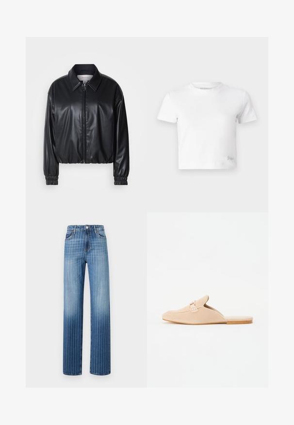 Zwarte cropped jacket van faux leer met een ritssluiting aan de voorkant, puntige kraag en elastische manchetten. Bevat minimale branding op de borst.; Witte cropped t-shirt van zacht katoen, met een hoge hals en korte mouwen. Klein geborduurd logo in de onderhoek.; Lichtblauwe denim jeans met verticale witte pinstripes, recht model, vijf zakken en knoopsluiting aan de taille.; Beige suède instap loafers met een gesloten teen, voorzien van een decoratieve gesp detail en een platte kurken zool. Gladde textuur met een minimalistisch ontwerp.