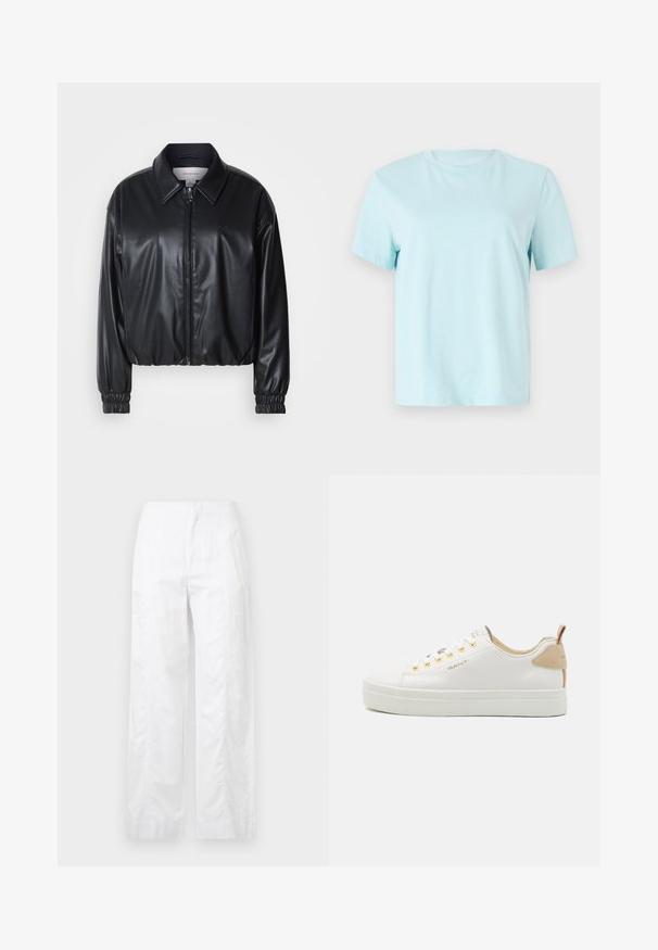 Crna skraćena jakna od umjetne kože s prednjim patentnim zatvaračem, oštrim ovratnikom i elastičnim manžetama. Ima minimalno brendiranje na prsima.; Svijetloplavi pamukasti majica s kratkim rukavima, okruglim izrezom i suptilnim izvezenim logotipom 'Calvin Klein' na prednjoj strani.; Bijele široke hlače od laganog materijala, s glatkom teksturom, čistim linijama i visokim strukom.; Bijele kožne tenisice s teksturiranim gumenim potplatom, zlatnim ulošcima i smeškom akcentom na peti. GANT logo prikazan sa strane.