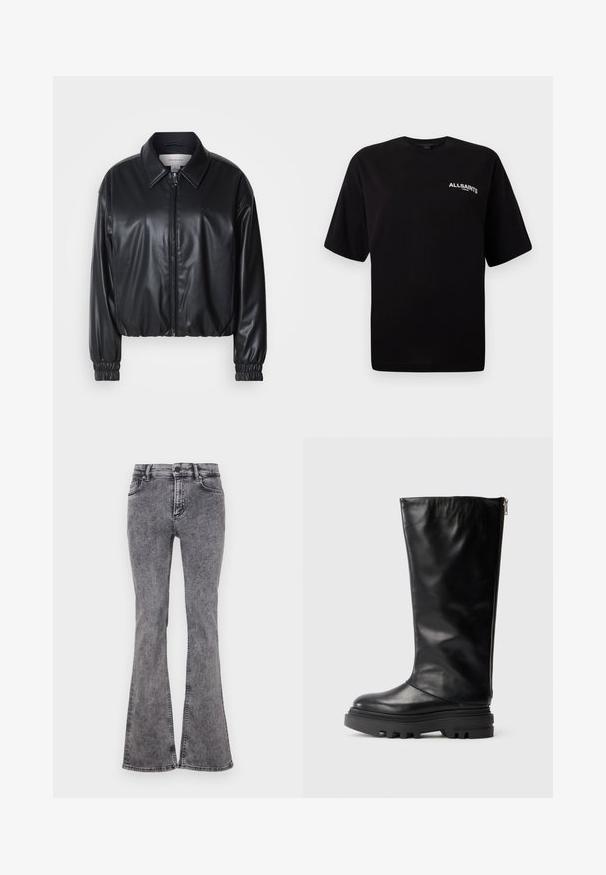 Schwarze, taillierte Jacke aus Kunstleder mit einem Reißverschluss vorn, spitzem Kragen und elastischen Bündchen. Verfügt über eine minimale Markenkennzeichnung auf der Brust.; Schwarzes Baumwoll-T-Shirt mit Rundhalsausschnitt, kurzen Ärmeln und kleinem weißen "ALLSAINTS"-Logo auf der linken Brust. Glatte Textur, lockere Passform.; Schwarze, ausgestellte Jeans aus Denim mit einer ausgewaschenen Optik, mit fünf Taschen, einem Reißverschluss und kontrastrierenden Nähten entlang der Säume.; Schwarze Lederkniehohe Stiefel mit runder Zehenpartie, grober Gummisohle und einem seitlichen Reißverschluss zum Schließen. Glatte Textur mit minimaler Verzierung.