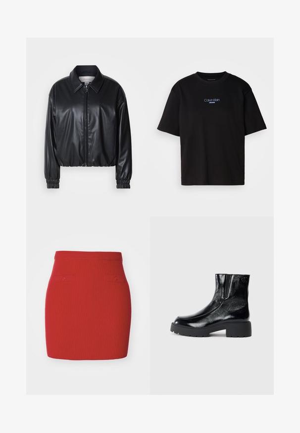 Czarna krótka kurtka z ekoskóry z zamkiem z przodu, spiczastym kołnierzem i elastycznymi mankietami. Posiada minimalistyczne logo na klatce piersiowej.; Czarna bawełniana koszulka z okrągłym dekoltem, krótkimi rękawami i niebieskim haftowanym logo "Calvin Klein JEANS" z przodu.; Czerwona spódnica dzianinowa z prążkowanym wzorem, o dopasowanym kroju, z dwoma małymi kieszeniami na guziki z przodu i gładką talią.; Czarne botki sięgające kostki o błyszczące wykończenie z lakierowanej skóry, masywna czarna gumowa podeszwa i podwyższony obcas; zawierają subtelny detal z logo z boku.