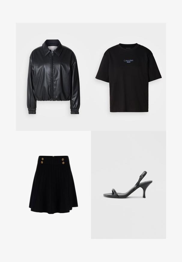 Čierna skrátená bunda z umielej kože s predným zipsom, špicatým golierom a elastickými manžetami. Obsahuje minimálne logo na hrudi.; Čierne bavlnené tričko s okrúhlym výstrihom, krátkymi rukávmi a modrým vyšívaným logom "Calvin Klein JEANS" na prednej strane.; Čierna plisovaná sukňa s textúrovanou tkaninou, ktorá má zlaté dekoratívne gombíky na páse a skrytý zips na zadnej strane.; Čierne kožené sandále na vysokom podpätku s štíhlym, zakriveným podpätkom a prekríženým pásikovým dizajnom. Nastaviteľný pásik okolo členka. Hladká textúra.
