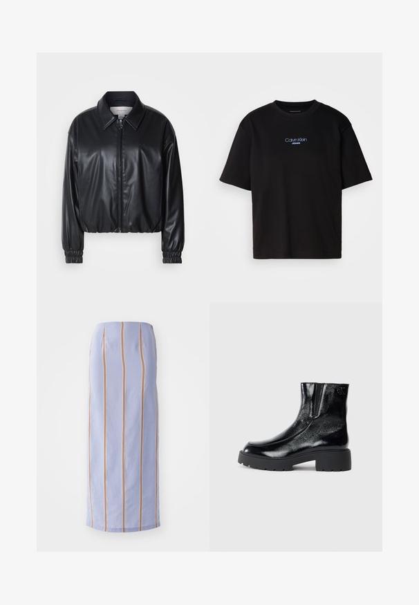 Chaqueta negra corta de piel sintética con cremallera frontal, cuello puntiagudo y puños elásticos. Presenta un branding mínimo en el pecho.; Camiseta de algodón negra con cuello redondo, manga corta y el logotipo azul bordado de "Calvin Klein JEANS" en el frente.; Falda midi de color púrpura claro con rayas verticales en naranja y blanco. Textura suave con un ajuste estructurado y un dobladillo recto.; Botines negros con acabado de charol brillante, suela de goma negra gruesa y tacón elevado; incluye un sutil detalle del logo en el lateral.