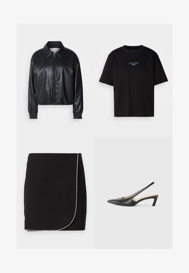 Črna krajša jakna iz umetnega usnja z zadrgo spredaj, koničastim ovratnikom in elastičnimi manšeti. Ima minimalno blagovno oznako na prsih.; Črna bombažna majica s krožnim izrezom, kratkimi rokavi in modrim vezenim logotipom "Calvin Klein JEANS" na sprednji strani.; Črna mini krila iz gladkega blaga, ki ima verižni okras vzdolž roba, s preklopnim dizajnom in čistimi linijami.; Črne čevlje s koničastimi nosovi in slingback obliko z nizko peto, izdelane iz gladke usnjene materiale ter s črtasto zasnovo na strani za prezračevanje.