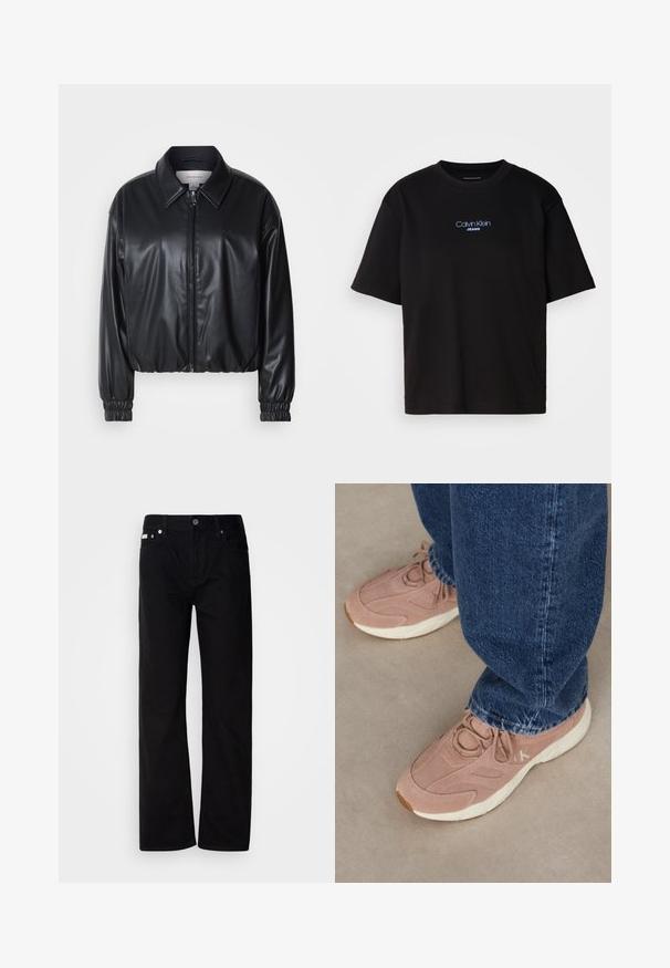 Fekete, rövidített fazonú műbőr dzseki, elöl cipzárral, hegyes gallérral és rugalmas mandzsettákkal. Minimalista logó található a mellkason.; Fekete pamut póló kerek nyakkal, rövid ujjú, elöl kék hímzett "Calvin Klein JEANS" logóval.; Fekete farmer egyenes fazonú nadrág öt zsebbel, ezüst szegecsekkel és gombos zárással. Az anyaga sima, enyhén texturált felületű.; Világos rózsaszín sportcipők, textúrált velúr felsőrésszel, fehér talppal és diszkrét logóval, sötétkék farmernadrággal párosítva.