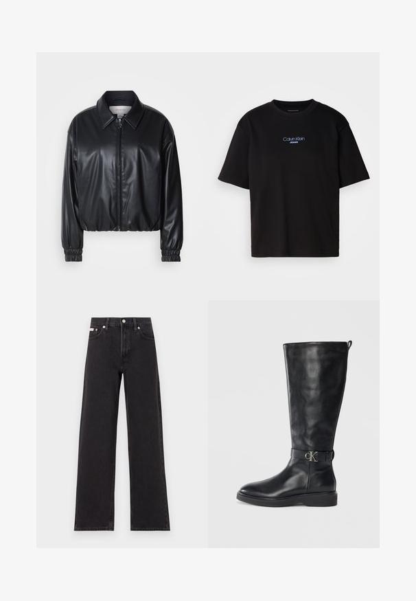 Chaqueta negra corta de piel sintética con cremallera frontal, cuello puntiagudo y puños elásticos. Presenta un branding mínimo en el pecho.; Camiseta de algodón negra con cuello redondo, manga corta y el logotipo azul bordado de "Calvin Klein JEANS" en el frente.; Jeans anchos de mezclilla negros, con cintura alta, cinco bolsillos y cierre de botón metálico con costuras contrastantes.; Bota de cuero negro hasta la rodilla con tacón bajo, punta redonda y correa con hebilla metálica de logo "CK" alrededor del tobillo.