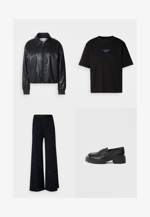 Black cropped jacket in faux leather with a zip front, pointed collar, and elastic cuffs. Features minimal branding on the chest.; Black cotton t-shirt with a round neck, short sleeves, and blue embroidered "Calvin Klein JEANS" logo on the front.; Mads Nørgaard COTTON SPACE VERAN PANTS - Trousers - multi midnight; Black leather loafers with a textured finish, featuring a rectangular strap across the vamp and a chunky, lug sole design.