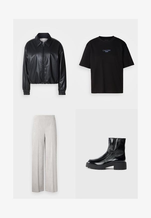Zwarte cropped jacket van faux leer met een ritssluiting aan de voorkant, puntige kraag en elastische manchetten. Bevat minimale branding op de borst.; Zwart katoenen T-shirt met ronde hals, korte mouwen en blauw geborduurd "Calvin Klein JEANS" logo op de voorkant.; Lichtgrijze corduroy wijde broek met een soepele textuur, featuring verticale ribbels en een hoge tailleband voor een relaxte pasvorm.; Zwarte enkellaarsjes met een glanzende lakleren afwerking, chunky zwarte rubberen zool en verhoogde hak; inclusief subtiele logo-detail aan de zijkant.