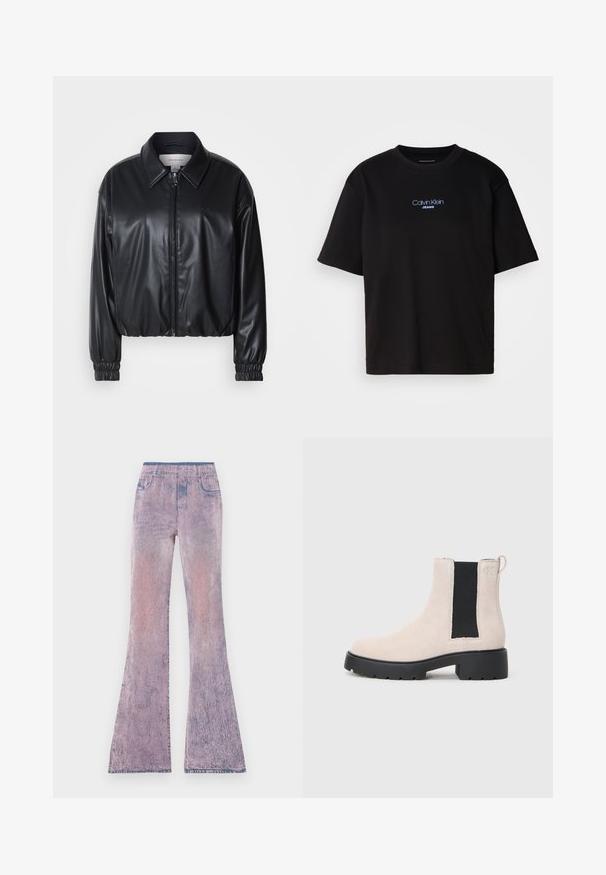 Black cropped jacket in faux leather with a zip front, pointed collar, and elastic cuffs. Features minimal branding on the chest.; Black cotton t-shirt with a round neck, short sleeves, and blue embroidered "Calvin Klein JEANS" logo on the front.; Flared jeans in a gradient of pastel pink to purple with a faded texture. Features an elastic waistband and five-pocket design.; Beige suede Chelsea boot with black elastic side panel, chunky black sole, and pull tab at ankle.
