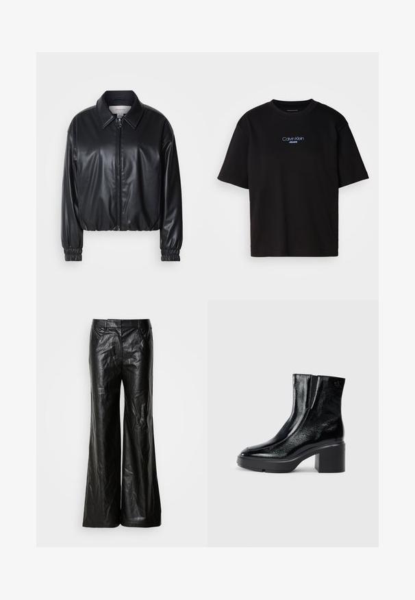 Crna skraćena jakna od umjetne kože s prednjim patentnim zatvaračem, oštrim ovratnikom i elastičnim manžetama. Ima minimalno brendiranje na prsima.; Crna pamučna majica s okruglim izrezom, kratkim rukavima i plavim izvezenim logom "Calvin Klein JEANS" na prednjoj strani.; Crne kožne hlače širokih nogavica glatke teksture, s klasičnom elastikom u struku i bočnim džepovima. Dizajn je jednostavan i elegantan.; Crne lakirane gležnjače s zakrivljenim prstom, elastičnim bočnim panelima i masivnom blok petom. Sadrže urezani logo na leđima.