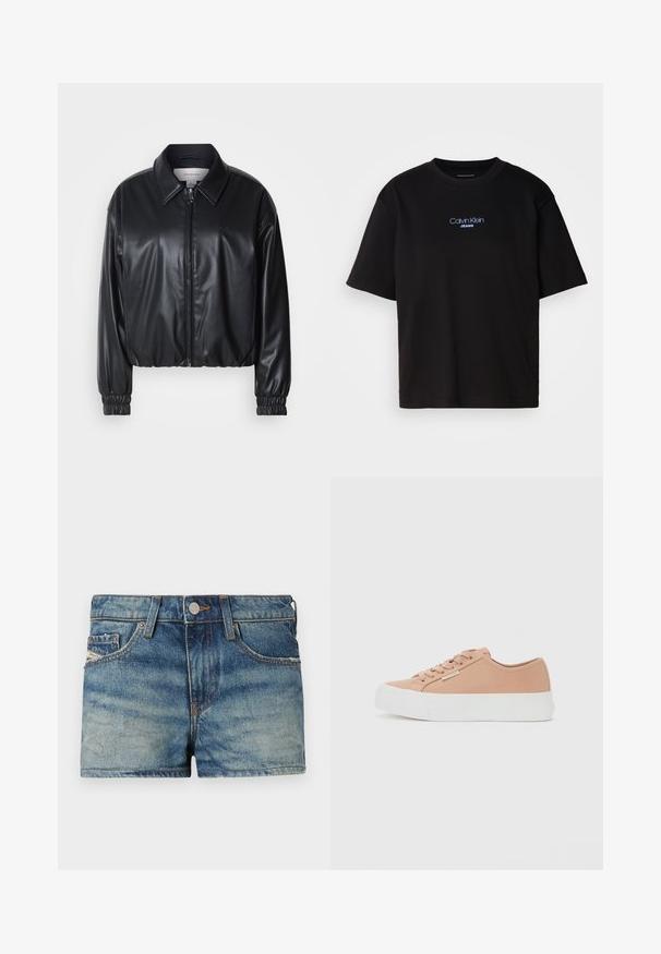 Čierna skrátená bunda z umielej kože s predným zipsom, špicatým golierom a elastickými manžetami. Obsahuje minimálne logo na hrudi.; Čierne bavlnené tričko s okrúhlym výstrihom, krátkymi rukávmi a modrým vyšívaným logom "Calvin Klein JEANS" na prednej strane.; Džínové šortky vo svetlom modrom odtieni s vyblednutým efektom, dizajnom s piatimi vreckami, kontrastným prešívaním a predným zapínaním na gombík.; Nízkoprsťové pastelovo ružové tenisky s šnurovaním vpredu, bielou platformou a malou kovovou nášivkou na boku.
