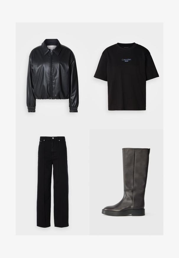 Czarna krótka kurtka z ekoskóry z zamkiem z przodu, spiczastym kołnierzem i elastycznymi mankietami. Posiada minimalistyczne logo na klatce piersiowej.; Czarna bawełniana koszulka z okrągłym dekoltem, krótkimi rękawami i niebieskim haftowanym logo "Calvin Klein JEANS" z przodu.; Czarne dżinsowe spodnie o szerokich nogawkach z wysokim stanem, z pięcioma kieszeniami, metalowym zapięciem i prostymi szwami wzdłuż boków.; Czarny skórzany kozak do kolan z grubą podeszwą i subtelnym logo Calvin Klein w poblizu górnej krawędzi, pokazany z boku.