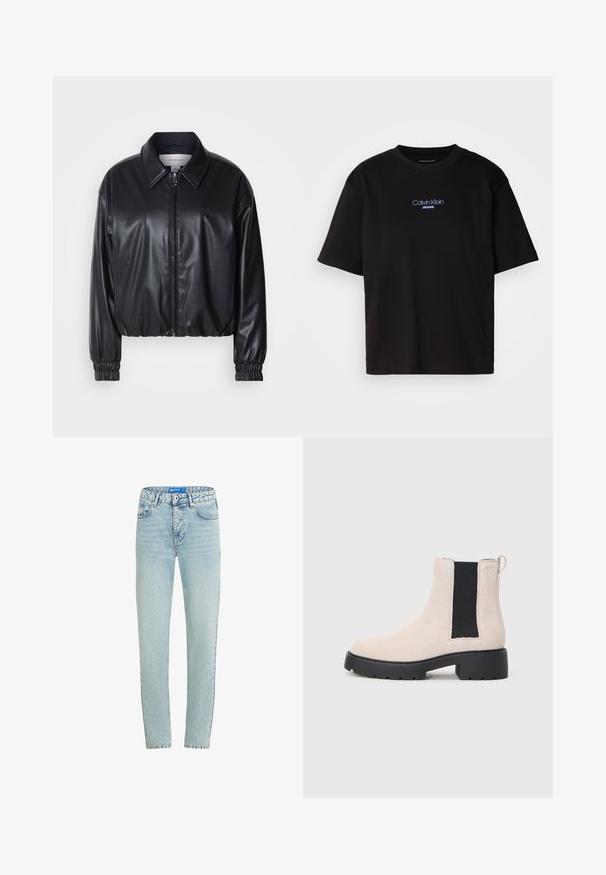 Crna skraćena jakna od umjetne kože s prednjim patentnim zatvaračem, oštrim ovratnikom i elastičnim manžetama. Ima minimalno brendiranje na prsima.; Crna pamučna majica s okruglim izrezom, kratkim rukavima i plavim izvezenim logom "Calvin Klein JEANS" na prednjoj strani.; Svijetloplave traperice ravnog kroja, s pet džepova i dugmetom za zatvaranje. Imaju izbjeljena područja i pojačane šavove.; Bež nubuk Chelsea čizme s crnim elastičnim bočnim panelom, debelim crnim đonom i trakicama za povlačenje na članku.