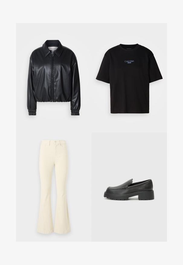Fekete, rövidített fazonú műbőr dzseki, elöl cipzárral, hegyes gallérral és rugalmas mandzsettákkal. Minimalista logó található a mellkason.; Fekete pamut póló kerek nyakkal, rövid ujjú, elöl kék hímzett "Calvin Klein JEANS" logóval.; Krémszínű, bővülő farmernadrág, pamutból készült, magas derékkal, gombos záródással és tiszta vonalakkal, látható minták vagy díszítések nélkül.; Fekete bőr loafer cipők kerek orral, vastag, texturált talppal és minimális varrási részletekkel. Áramvonalas dizájn, látható fűzők vagy fém részek nélkül.