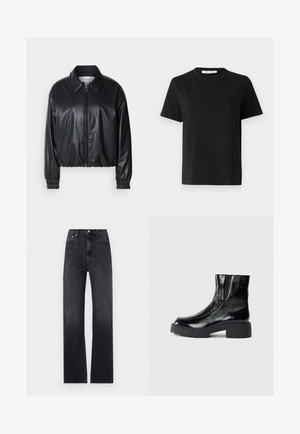 Melna, īsā jaka no mākslīgās ādas ar zipa priekšpusi, norādītām apkaklēm un elastīgām aprocēm. Uz krūtīm ir minimāla zīmola identifikācija.; Melna īsām piedurknēm T-kreklu, kas izgatavots no mīksta kokvilnas, ar apļveida kakla izgriezumu, brīvu piegriezumu un gludu tekstūru. Nav redzamu rakstu vai grafikas.; Melni taisni džinsi, izgatavoti no denima, ar augstu jostasvietu, piecām kabatām un ar rāvējslēdzēja aizdari un pogu. Nedaudz izbalējusi krāsa.; Melnas potītes zābaki ar spīdīgu lakotu ādas apdari, masīvu melnu gumijas zoli un paaugstinātu papēdi; satur subtilu logotipa detaļu sānu daļā.