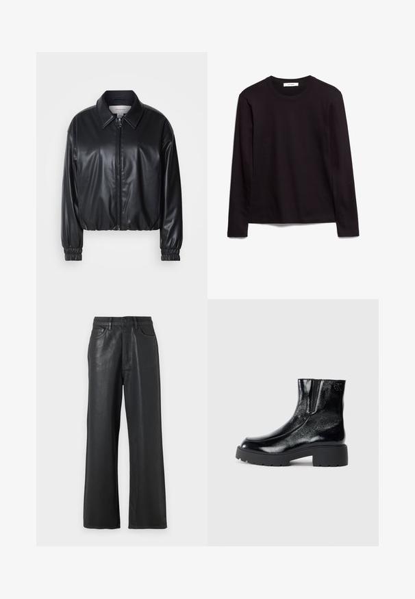 Musta lyhyt nahkatakki, jossa on vetoketjukiinnitys, terävä kaulus ja joustavat hihansuut. Rinnassa on minimaalinen brändäys.; Musta pitkähihainen crew neck -t-paita, joka on valmistettu tekstuurista kankaasta. Tässä paidassa on suora helma ja ommellut yksityiskohdat kauluksessa ja olkapäissä.; Mustat löysät housut, jotka on valmistettu kiiltävästä materiaalista. Ominaisuuksiin kuuluu nappisuljenta, vyölenkit ja etutaskut, joilla on sileä pinta.; Mustat nilkkurit, joissa on kiiltävä patenttinahkafarba, paksu musta kumipohja ja korkeampi korko; sisältää hienovaraisen logon yksityiskohdan sivussa.