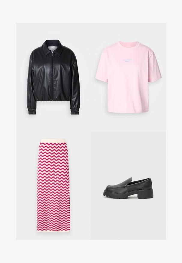 Črna krajša jakna iz umetnega usnja z zadrgo spredaj, koničastim ovratnikom in elastičnimi manšeti. Ima minimalno blagovno oznako na prsih.; Roza bombažna majica s kratkimi rokavi in okroglim izrezom, s centralno postavljenim modrim logotipom "Calvin Klein JEANS" na prsih.; Pletena midi krila z valovitim vzorcem v roza in beli barvi. Elastičen pas in teksturiran finiš. Ravna silhueta in dolžina do gležnjev.; Črne usnjene loafers čevlje z zaobljenim nosom, debelim teksturiranim podplatom in minimalnimi šivi. Elegantna zasnova brez vidnih vezalk ali kovinskih delov.