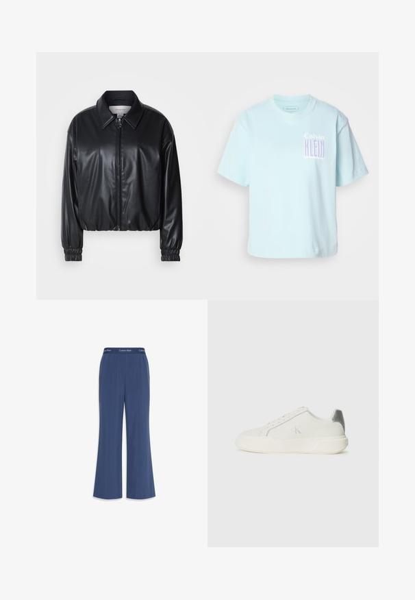 Fekete, rövidített fazonú műbőr dzseki, elöl cipzárral, hegyes gallérral és rugalmas mandzsettákkal. Minimalista logó található a mellkason.; Világoskék pamut póló kerek nyakkal és rövid ujjakkal. A lényege egy grafikai tervezés, amelyen a "Calvin Klein" felirat lilában látható az elején.; Tengerészkék, széles lábú nadrág puha anyagból, sima textúrával. Rugalmas derékkal rendelkezik, amelyen a "Calvin Klein" logó található a tetején.; Fehér bőr sportcipő sima textúrával, ezüst díszítéssel a saroknál, lapos talpú és minimalista dizájnnal.