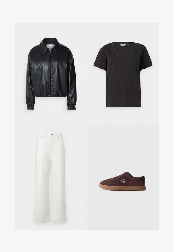 Fekete, rövidített fazonú műbőr dzseki, elöl cipzárral, hegyes gallérral és rugalmas mandzsettákkal. Minimalista logó található a mellkason.; Fekete pamut póló V-nyakkal és rövid ujjakkal. Egyszerű dizájn, normál fazon, minta vagy díszítés nélkül.; Samsøe Samsøe SHELLY - Laza szabású farmerek - clear cream; Calvin Klein Sportcipő - bordeaux