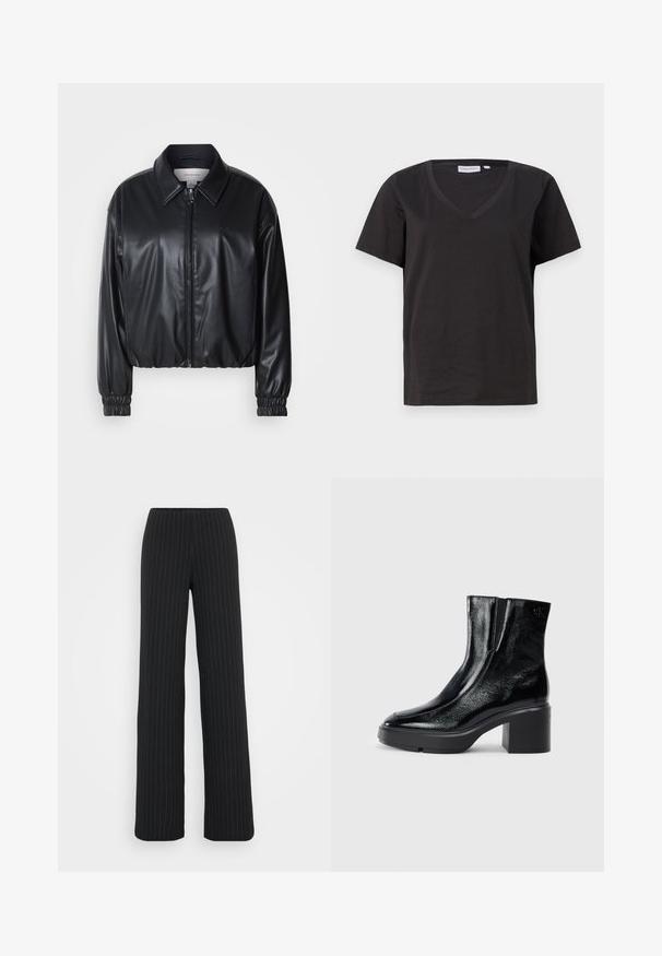 Musta lyhyt nahkatakki, jossa on vetoketjukiinnitys, terävä kaulus ja joustavat hihansuut. Rinnassa on minimaalinen brändäys.; Musta puuvillainen T-paita, jossa on V-kaula-aukko ja lyhyet hihat. Yksinkertainen muotoilu, säännöllinen istuvuus ilman kuvioita tai koristeita.; Vero Moda Tall VMBERLIN MY WIDE - Housut - obsidian/oatmeal; Musta patentoitu nahkasaappaat nilkkoihin, joissa on kaareva kärki, joustavat sivupaneelit ja paksu lohkoilut. Takana on kohokuvioitu logo.