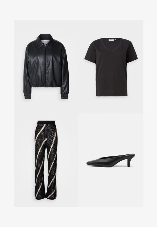 Čierna skrátená bunda z umielej kože s predným zipsom, špicatým golierom a elastickými manžetami. Obsahuje minimálne logo na hrudi.; Čierne bavlnené tričko s výstrihom do V a krátkymi rukávmi. Jednoduchý dizajn s bežným strihom a bez vzorov alebo akcentov.; Pletené čierne nohavice s širokým strihom, zdobené výraznými diagonálnymi bielymi pruhmi. Elastický pás a textúrovaná látka.; Čierne kožené špicaté muly s nízkym stiletto podpätkom. Hladká textúra, minimalistický dizajn a otvorená zadná časť pre jednoduché obúvanie.