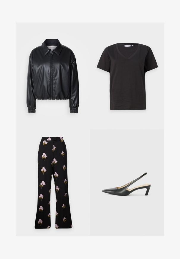 Must have musternahk, mis on valmistatud kunstnahast, lukuga esifaas, terava krae ja elastsete mansettidega. Rinnas minimaalne brändingu element.; Must musta T-särk V-kaelusega ja lühikeste varrukatega. Lihtne disain, regulaarne istuvus, ilma mustrite ja aktsentideta.; Mustad lillemusteriga mustad püksid, millel on lillat värvi tikandid, kitsenev disain, laiad jalad ja vöökoha detail. Pehme kangas sileda tekstuuriga.; Must mustaga, terav varvas, madala kontsaga sildiga king, mis on valmistatud siledast nahast ja mille küljel on lõike disain hingavuse tagamiseks.