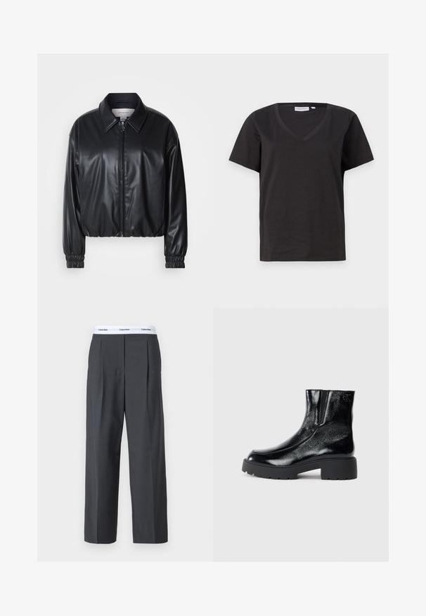 Černá zkrácená bunda z umělé kůže se zipem vpředu, špičatým límcem a elastickými manžetami. Obsahuje minimální branding na hrudi.; Černé bavlněné tričko s výstřihem do V a krátkým rukávem. Jednoduchý design s klasickým střihem bez vzorů nebo akcentů.; Šedé široké kalhoty vyrobené z hladké látky, s předními sklady a bílým páskem s logem Calvin Klein.; Černé kotníkové boty s lesklým lakovaným povrchem, robustní černou gumovou podešví a zvýšeným podpatkem; obsahují jemný logo detail na boku.
