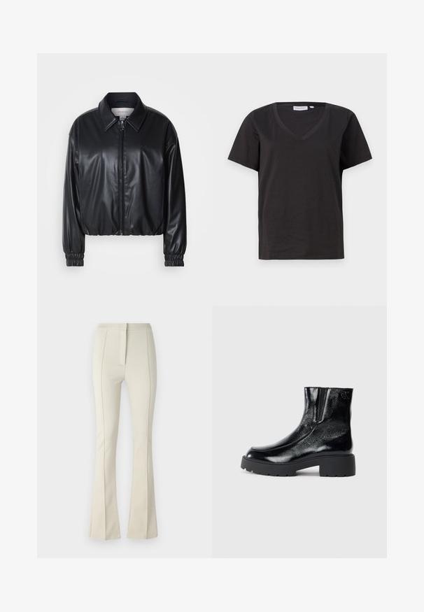 Black cropped jacket in faux leather with a zip front, pointed collar, and elastic cuffs. Features minimal branding on the chest.; Black cotton T-shirt with a V-neck and short sleeves. Simple design with a regular fit and no patterns or accents.; Patrizia Pepe PANTALONI TROUSERS - Trousers - utopia gray; Black ankle boots with a glossy patent leather finish, chunky black rubber sole, and raised heel; includes subtle logo detail on the side.