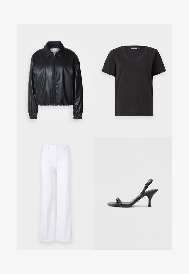 Svart cropped jakke i faux skinn med glidelås foran, spiss krage og elastiske mansjetter. Har minimal merkevareprofil på brystet.; Svart bomull T-skjorte med V-hals og korte ermer. Enkel design med vanlig passform og uten mønstre eller detaljer.; Hvite utsvungne jeans laget av denim, med høy midje, frontlommer og knappelukking. Glatt tekstur og rene linjer.; Sorte skinnhøye hæler med en slank, buet hæl og et kryssrem-design. Justerbar ankelrem. Glatt tekstur.