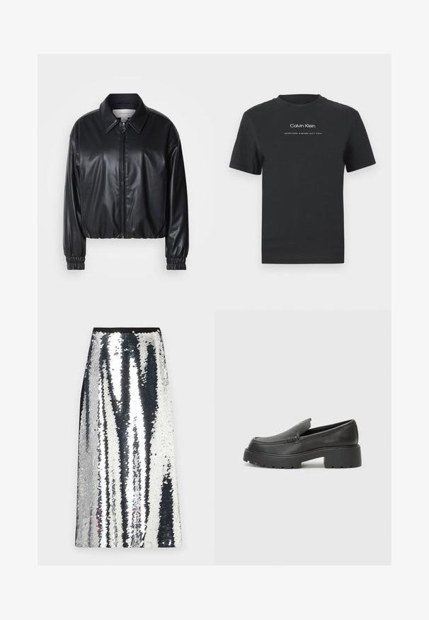 Juodas trumpas švarkas iš dirbtinės odos su užtrauktuku priekyje, smailiu apykaklės dizainu ir elastingomis rankovėmis. Švarke minimalus prekės ženklas ant krūtinės.; Juodas medvilninis marškinėliai su apvaliu kaklu, trumpomis rankovėmis ir baltu spausdintu "Calvin Klein" logotipu bei tekstu "Įkurtas 1968".; Sidabrinė sequin ilga sijonas su tiesiu kirpimu, turinti juodą juosmenį ir pakaitinę vertikalią juostelę su blizgančiais sequinais.; Juodi odiniai loaferiai su apvaliu pirštu, storu tekstūruotu padu ir minimaliu siūlių dekoru. Išskirtinis dizainas be matomų raištelių ar furnitūros.