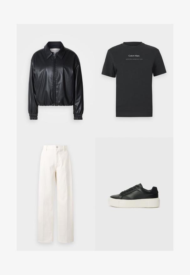 Melna, īsā jaka no mākslīgās ādas ar zipa priekšpusi, norādītām apkaklēm un elastīgām aprocēm. Uz krūtīm ir minimāla zīmola identifikācija.; Melna kokvilnas T-kreklā ar apaļu apkakli, īsām piedurknēm un baltu uzdrukātu "Calvin Klein" logotipu un tekstu "Izveidots 1968".; Baltas, plaša kāja bikses, izgatavotas no kokvilnas, ar priekšējo pogu aizdari, jostas cilpiņām un taisnu piegriezumu bez redzamām rakstām.; Melnas ādas kedas ar noapaļotu pirkstu, baltu platformas zoli un melnām auklām. Iespējams, satur diskrētu logo uz papēža un gludu tekstūru.