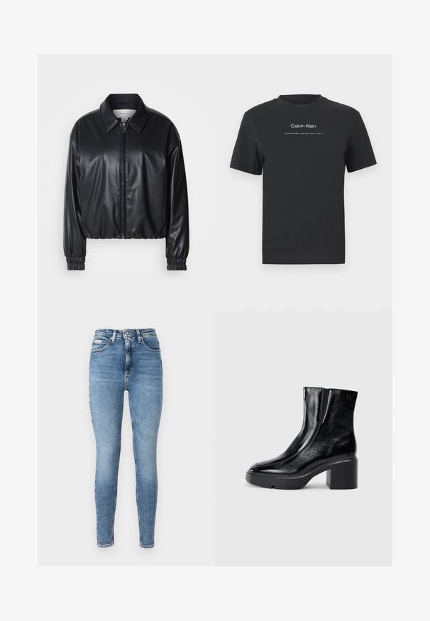 Musta lyhyt nahkatakki, jossa on vetoketjukiinnitys, terävä kaulus ja joustavat hihansuut. Rinnassa on minimaalinen brändäys.; Musta puuvillainen T-paita, jossa on pyöreä pääntie, lyhyet hihat ja valkoinen painettu "Calvin Klein" -logo sekä "Established 1968" -teksti.; Vaaleansiniset skinny-farkut, jotka on valmistettu denimiä. Ominaisuuksina korkea vyötärö, viiden taskun malli sekä hieno haalistuminen ja ompelutehosteet.; Musta patentoitu nahkasaappaat nilkkoihin, joissa on kaareva kärki, joustavat sivupaneelit ja paksu lohkoilut. Takana on kohokuvioitu logo.