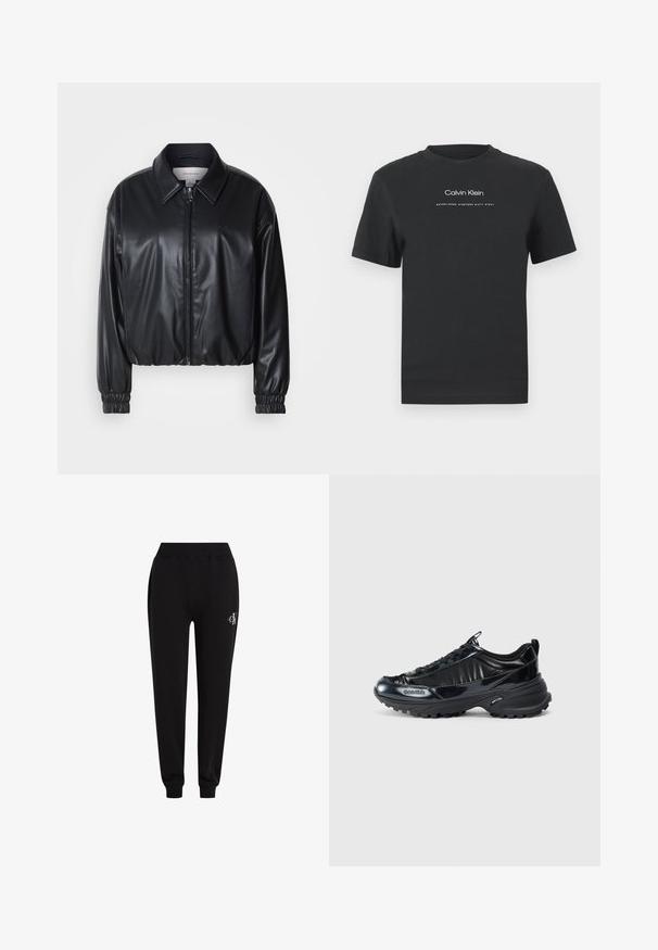 Juodas trumpas švarkas iš dirbtinės odos su užtrauktuku priekyje, smailiu apykaklės dizainu ir elastingomis rankovėmis. Švarke minimalus prekės ženklas ant krūtinės.; Juodas medvilninis marškinėliai su apvaliu kaklu, trumpomis rankovėmis ir baltu spausdintu "Calvin Klein" logotipu bei tekstu "Įkurtas 1968".; Calvin Klein Jeans MONOLOGO CUFFED PANT - Treningo apatinė dalis - black; Juodi blizgūs sportbačiai su kreiva viršutine dalimi, tekstūrinėmis guminėmis padangomis ir raištelių uždarymu. Šone yra prekės ženklas, o nugaroje - kilputė.