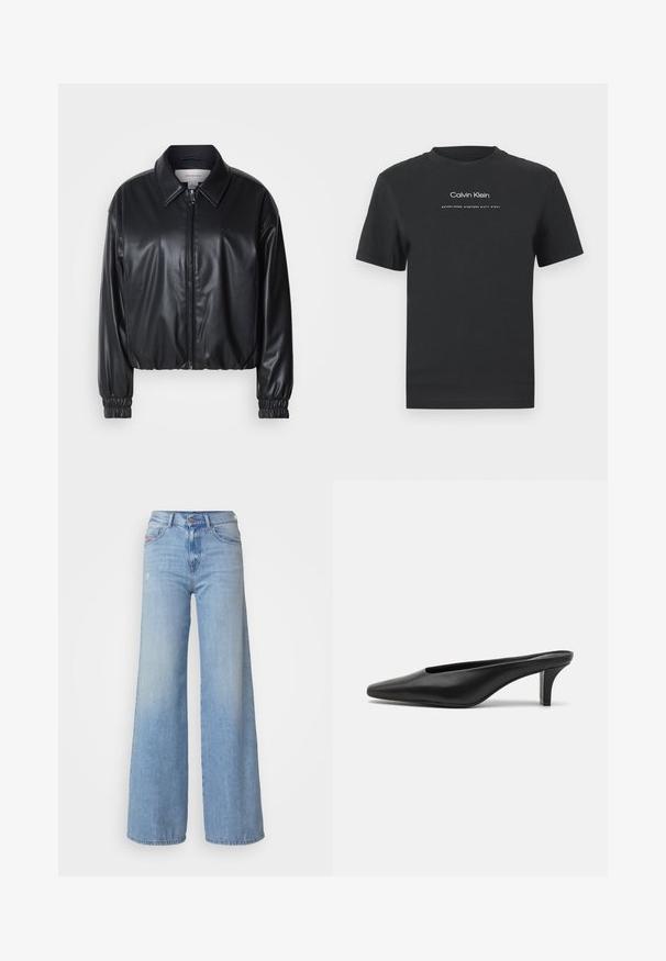 Čierna skrátená bunda z umielej kože s predným zipsom, špicatým golierom a elastickými manžetami. Obsahuje minimálne logo na hrudi.; Čierne bavlnené tričko s okrúhlym výstrihom, kratkými rukávmi a bielou potlačou loga "Calvin Klein" a textu "Established 1968".; Diesel 1978 D-AKEMI - Zvonové džínsy - 01; Čierne kožené špicaté muly s nízkym stiletto podpätkom. Hladká textúra, minimalistický dizajn a otvorená zadná časť pre jednoduché obúvanie.