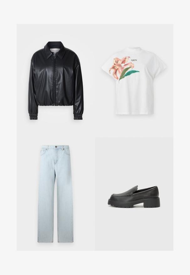 Black cropped jacket in faux leather with a zip front, pointed collar, and elastic cuffs. Features minimal branding on the chest.; White cotton T-shirt with short sleeves, featuring a pink floral design and green leaves on the left side. "Guess" logo in gray above the design.; Light blue wide-leg jeans with a high waist, front pockets, and a button closure. Smooth denim texture, minimal fade, straight leg design.; Black leather loafers with a rounded toe, thick textured sole, and minimal stitching details. Sleek design with no visible laces or hardware.